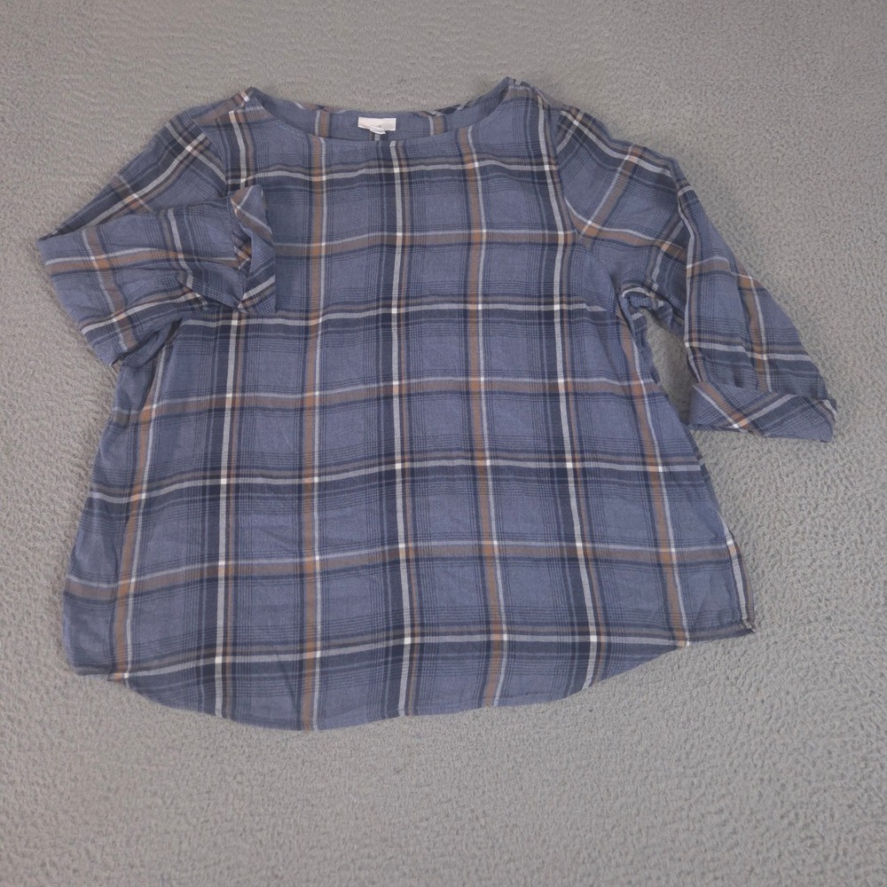 J. Jill Top‎ Womens L Blue Plaid Tunic Cotton Modal 3/4 Sleeve Boat Neck Blouse